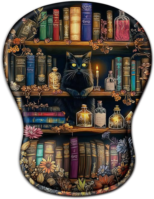Cat Mouse Pad with Wrist Rest Cute Ergonomic Mousepad Middle Concave Office | Book Wrist Support for Women, Desk Accessories, Gaming, Work, Home, Non-Slip PU Base, for Wireless Mouse Computer Laptop
