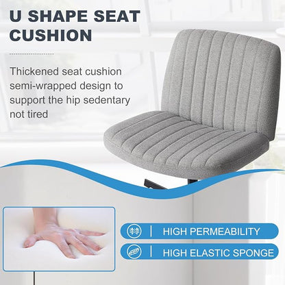 DUMOS Criss Cross Chair No Wheel Legged Office Wide Comfy Desk Vanity Chair, Armless Computer Task Seating PU Leather, Swivel Home Height Adjustable for Bedroom, Study, Grey No Wheel