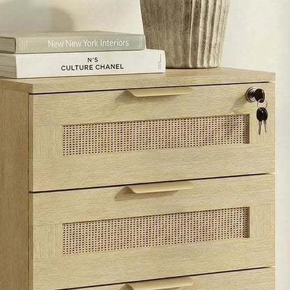 Lateral File Cabinets for Home Office, 3 Drawer Filing Cabinet with Lock, Rattan Filing Organization Storage Cabinets with Printer Stand for Hanging Files/Letter/Legal/A4/F4 Size, Natural Wood