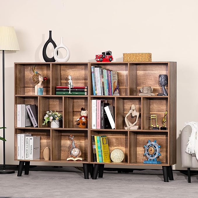 LEYAOYAO 7 Cube Bookshelf 3 Tier Modern Bookcase with Legs,Wood Book Shelves Storage Organizer Shelf,Free Standing Bookcases,Oak Display Bookshelves