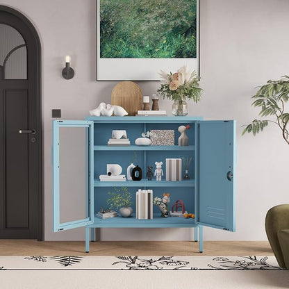 29.5" Wide Blue Metal Storage Cabinet with Lock and Ventilated Doors, 2 Adjustable Shelves, Heavy Duty Home Metal Accent Locker for Kitchen Office Living Room Hallway