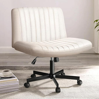 PUKAMI Criss Cross Chair,Comfy Cross Legged Office Desk Chair No Wheels,Modern Fabric Swivel Adjustable Height Mid Back Wide Seat for Home Office Computer (Beige with Wheels)