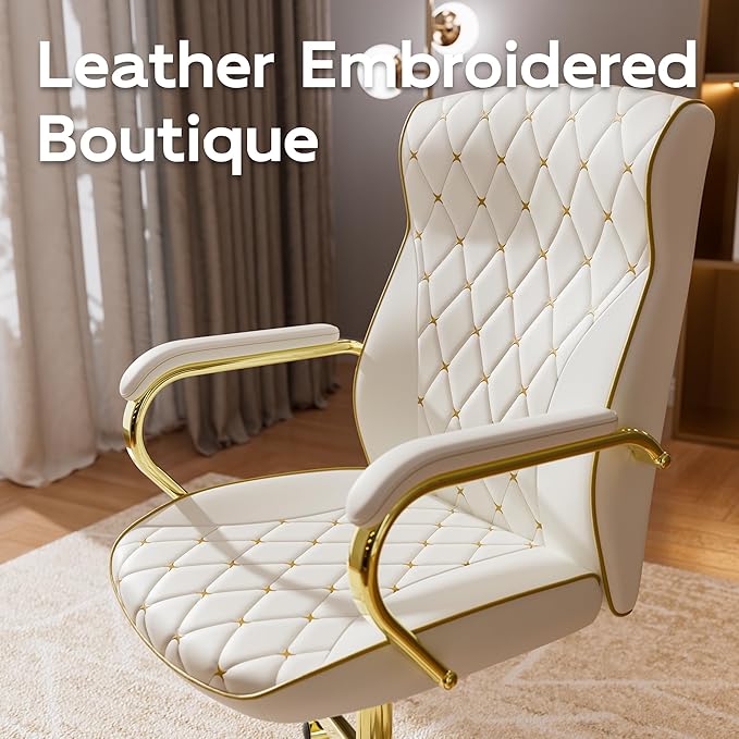 HomeZeer White and Gold Office Chair, Luxury Leather Executive Desk Chair | Elegant Timeless Appeal, Vintage Mid Back Styling with Wheels and Padded Arms, Thick High Density Foam Comfort