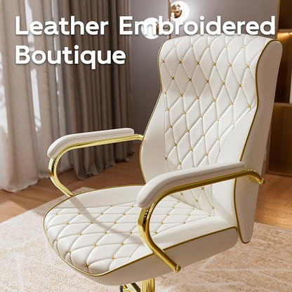 HomeZeer White and Gold Office Chair, Luxury Leather Executive Desk Chair | Elegant Timeless Appeal, Vintage Mid Back Styling with Wheels and Padded Arms, Thick High Density Foam Comfort