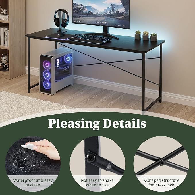 Computer Desk 55 Inch, Simple Home Office Desk Study Writing Table, Sturdy Metal Frame, Scratch-Resistant MDF Desktop for Bedroom Dorm Workspace, Black