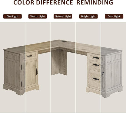 Whalefall 67'' Farmhouse L-Shaped Desk with Drawers for Home Office, Gray | Computer Corner Desk with File Cabinet and Charging Station, Large Executive L Desk with Locking Drawers Storage
