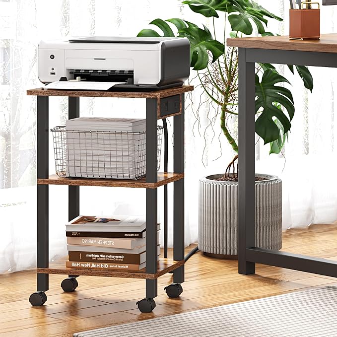 TUTOTAK 3 Tier Printer Stand, Rolling Printer Cart with Power Outlets and USB Ports, Mobile Printer Table with Wheels, for Under Desk, Office, Home,Brown PS02BB001