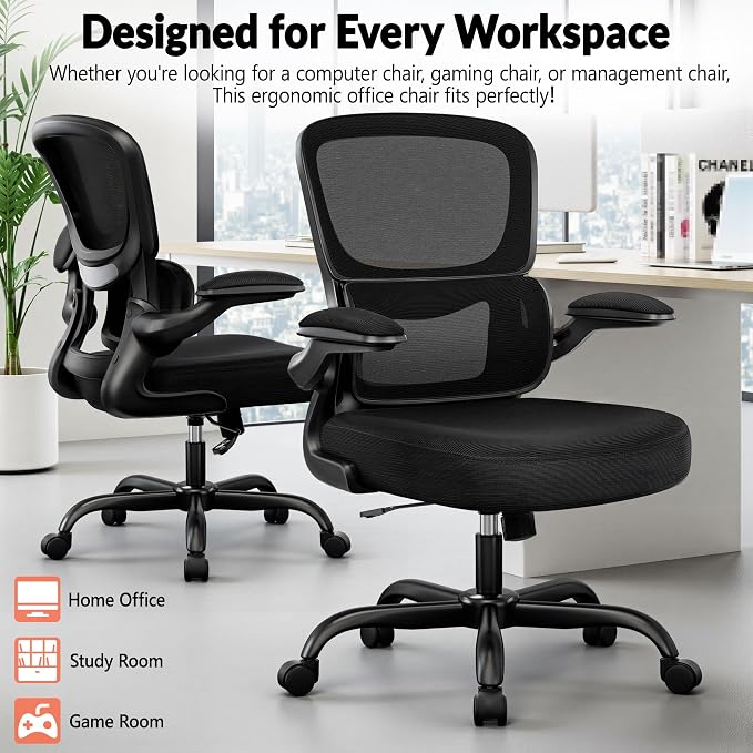 BESTFAIR Ergonomic Mesh Office Chair, Breathable Mesh Computer Desk Chair, Adjustable Lumbar Support, Flip-up Armrests, Executive Swivel Chair for Home Office, Black Pack of 8