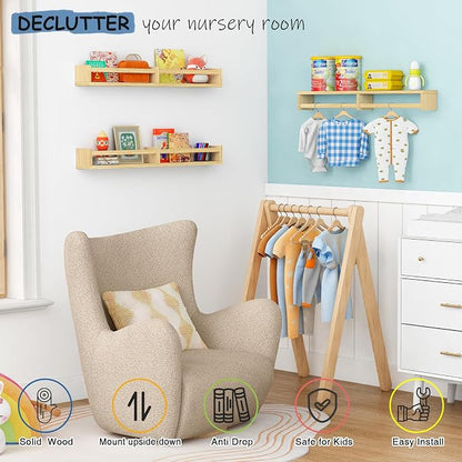 Harwaya Floating Nursery Book Shelves for Wall, 32 Inch Long Bookshelf for Kids Room, Wooden Large Wall Shelf with Hanging Rod for Baby Toddler Child Bedroom (3-Pack, Natural Wood)
