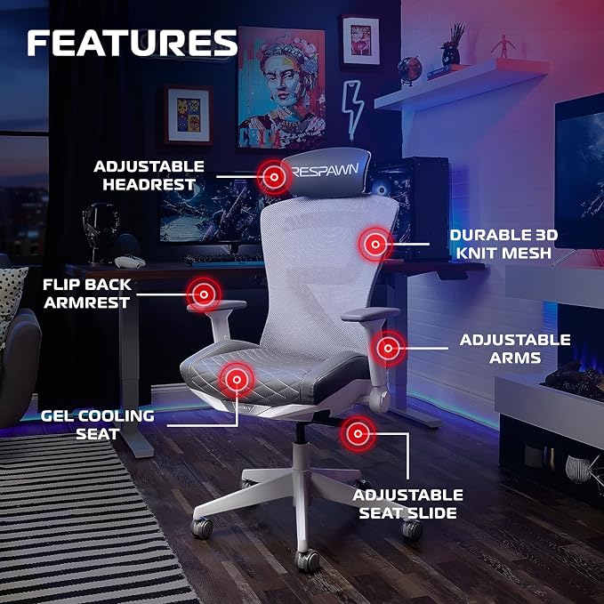 RESPAWN SPIRE Ergonomic Office Chair with Lumbar Support, Headrest, Adjustable Arms and Cooling Gel Seat Cushion, Comfy Breathable Mesh Seat for Home Office, High Back Reclining Gaming Chair - White