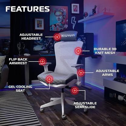 RESPAWN SPIRE Ergonomic Office Chair with Lumbar Support, Headrest, Adjustable Arms and Cooling Gel Seat Cushion, Comfy Breathable Mesh Seat for Home Office, High Back Reclining Gaming Chair - White