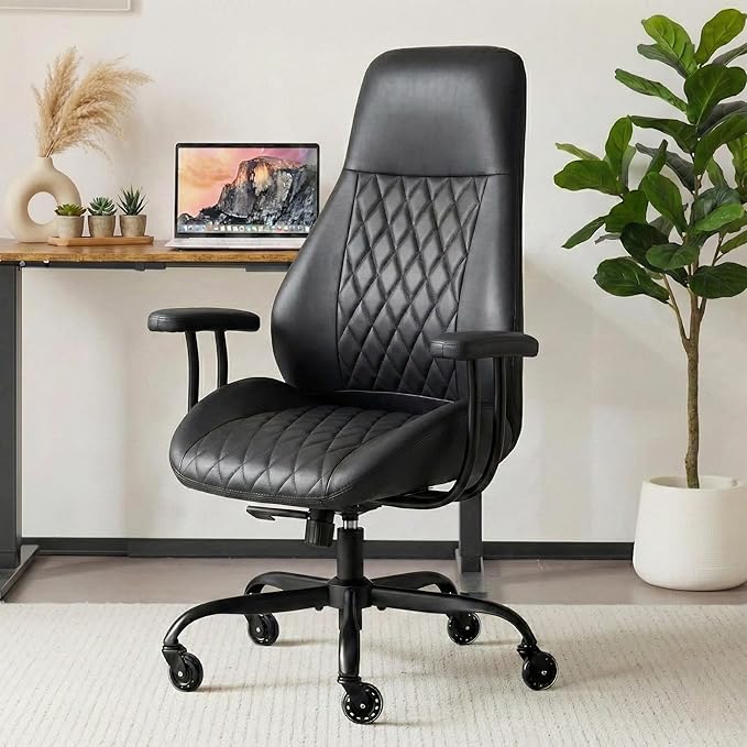 Office Chair with Rubber Wheels, Ergonomic Computer Chair 500 lbs, Leather Desk Chair with Lumbar Support, Executive Chair Adjustable Height & Recline, Black | Ergonomic, Lumbar Support, 360° Swivel & Rolling Wheels, Adjustable Height, for Adults & Women