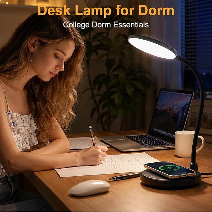 Desk Lamp for Home Office, Small Desk Lamp with Wireless Charger, Dimmable 3 Color Modes Study Lamp, Adjustable Neck 800LM Eye-Caring Desk Light, Bedside, College Dorm, Adapter Included
