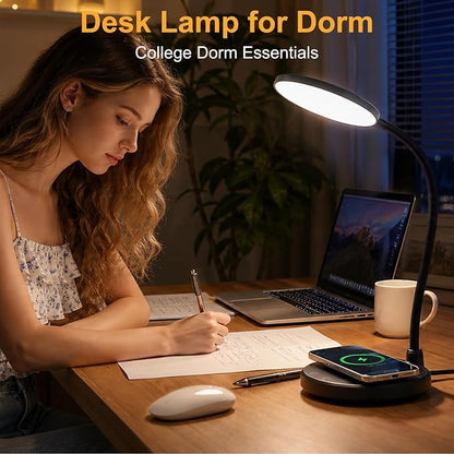 Desk Lamp for Home Office, Small Desk Lamp with Wireless Charger, Dimmable 3 Color Modes Study Lamp, Adjustable Neck 800LM Eye-Caring Desk Light, Bedside, College Dorm, Adapter Included