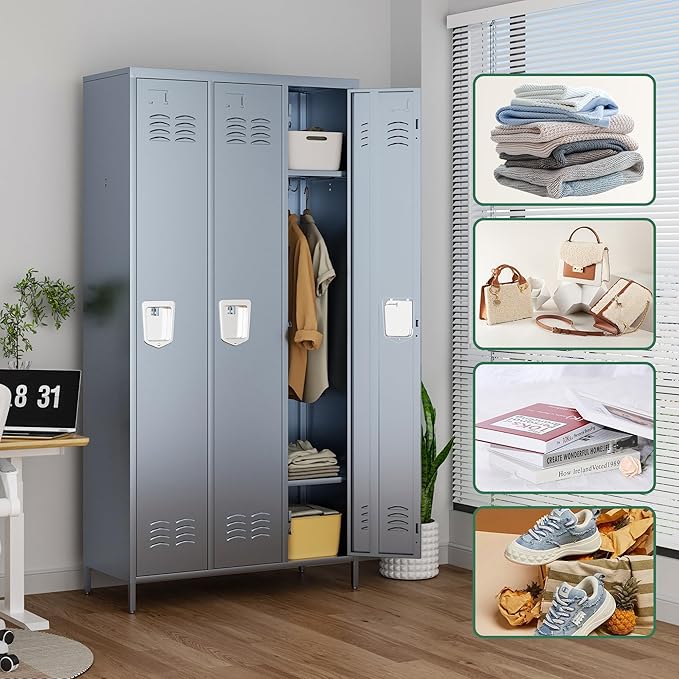 3 Door Metal Lockers for Employees,Heavy-Duty Hooks,72" Secure Storage for Home,Offices,Schools & Gyms | Gray