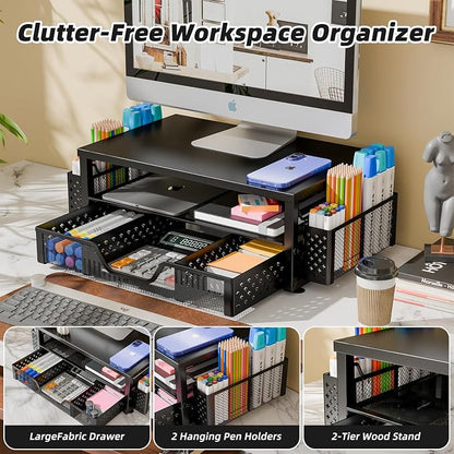 Simple Trending 2-Tier Monitor Stand Riser, Drawer & 2 Pen Holders, Black | Sturdy Material