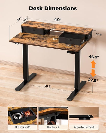 FiCiHi 40x24 Inch Standing Desk with Drawers, C-Clamp Mount Compatible, Electric Adjustable Height Computer Small Stand Up Desks, Home Office Sit Stand Table with 3 Preset Heights, Rustic Brown