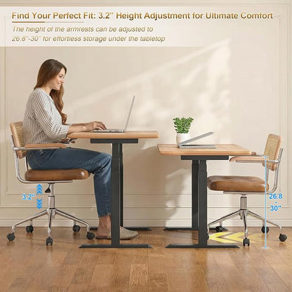 Zesthouse Leather Office Desk Chair with Wheels, Mid Century Rolling Desk Chair with Wood Arm & Natural Rattan Back, Modern Swivel Home Office Chair, Small Height Adjustable Computer Task Chair, Brown