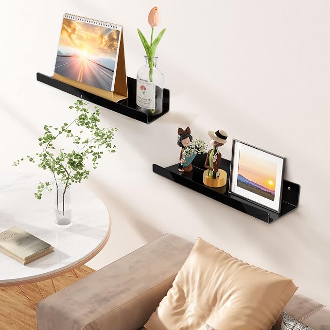 upsimples Acrylic Shelves for Wall Decor, 15" Display Shelf Perfume Organizer for Bathroom, Bedroom, Living Room, Floating Bookshelves for Kids, Black, 2 Pack