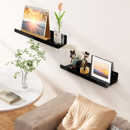 upsimples Acrylic Shelves for Wall Decor, 15" Display Shelf Perfume Organizer for Bathroom, Bedroom, Living Room, Floating Bookshelves for Kids, Black, 2 Pack