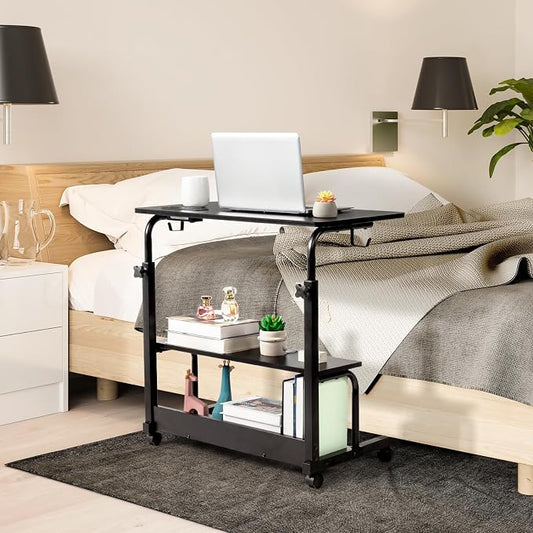 Karl home 31.5" Portable Rolling Desk on Wheels,Height Adjustable Standing Desk with 2 AC Outlets/3 USB Ports,Mobile Laptop Table with Hooks and Storage Shelves for Home Office，Black