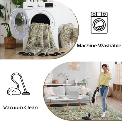 Goideal Washable Rug 3x5, Sage Green Area Rugs Non Slip, Indoor Low Pile Carpet with Rubber Backing for Living Room Kitchen Bathroom Entryway Office Bedroom