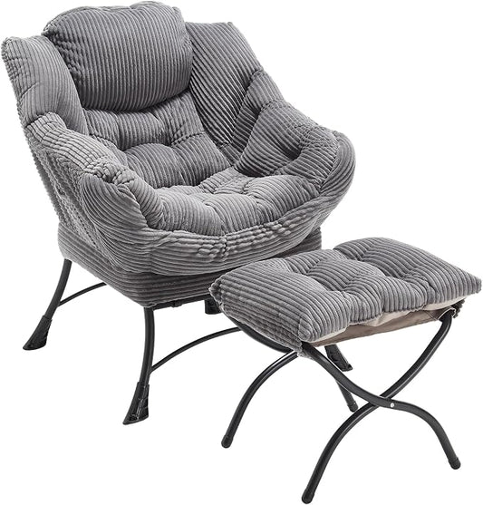 Modern Lazy Chair with Ergonomic Ottoman, Comfortable Lounge Chair with Footrest for Space Saving, Comfy Reading Armchair for Living Room, Bedroom, Office, Grey