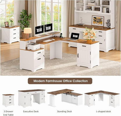 Whalefall 63'' Farmhouse L Shaped Desk with Monitor Stand Shelves, White | Corner Computer Desk with Drawers, Executive Home Office L Desk with File Cabinet Storage and Charging Station