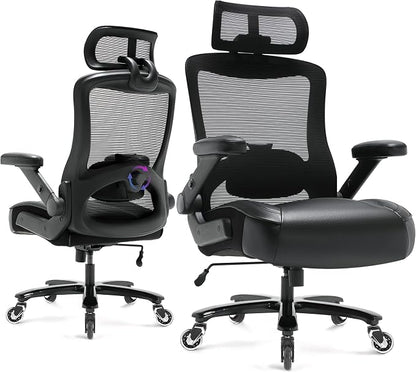 600lbs Big and Tall Office Chair- Heavy Duty Executive Computer Chair with 3D Flip Arms Large Wheels, Ergonomic Mesh High Back Desk Chair, Extra Wide Seat Adjustable Lumbar Support&Headrest