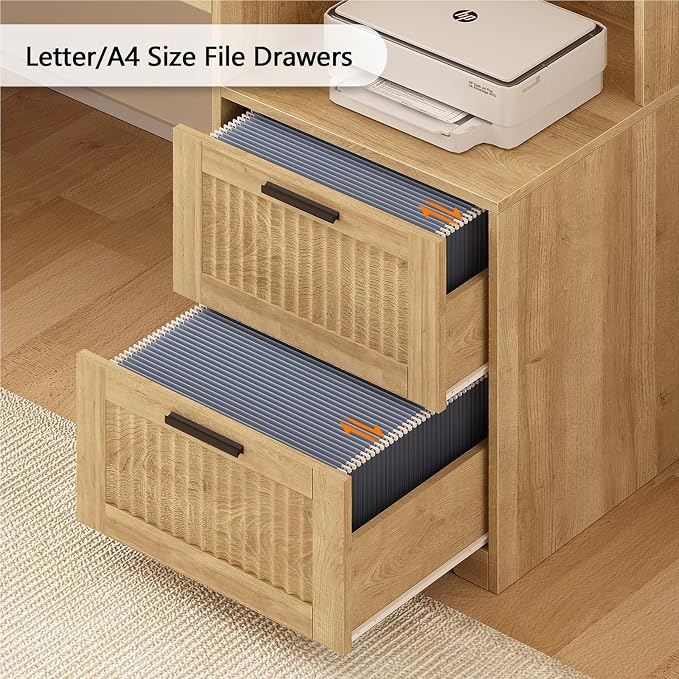TVU Farmhouse L Shaped Desk with Drawers, 62.2" Home Office Desk with Storage Shelves and Power Outlet, L Shaped Computer Desk with Monitor Stand and Printer Shelf, Oak