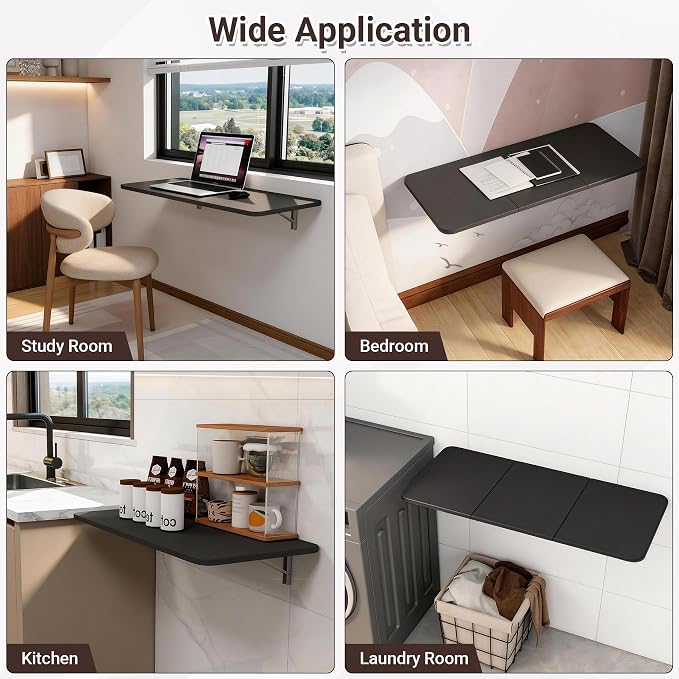 Neoaider Wall Mounted Folding Desk 35.4” x 15.7”, Drop Down Table with Metal Collapsible Brackets, Folding Wall Table for Small Spaces, Home, Office, Kitchen, Laundry Room-Black