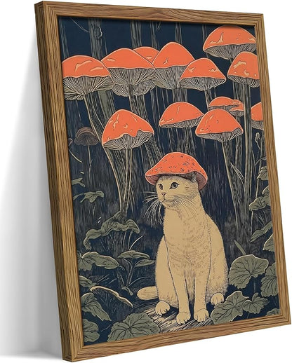 Framed Vintage Cat Wall Art, Whimsical White Cat with Mushroom Hat in Forest Canvas Print, Fantasy Quirky Woodland Animal Painting, Funny Retro Wall Decor for Living Room Bedroom Study 16x24in