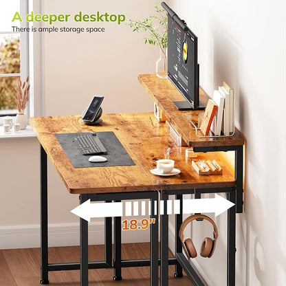 DurayLoly Computer Desk with RGB Light for Small Space, 39.4" Small Folding Desk for Space Saving Sofa Table for Couch, Home Office Desk with Monitor Stand, Easy to Fold with Hooks, Brown