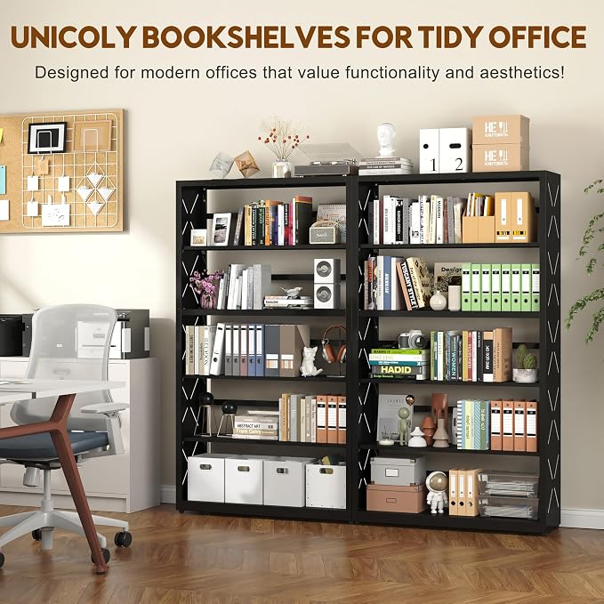 UNICOLY 5 Tier Black Bookshelf, 55" H Tall Bookshelf with 5 Storage Shelves, Heavy Duty Deep Shelves, Open Shelf Bookcase with 5 Bookends, Modern Display Shelves for Books, Toys, CD, W31×D10“
