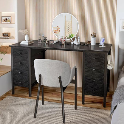 DLisiting Black Gaming Desk with Fabric Drawers on Both Sides, 55 Inch Home Office Computer Study Writing Work PC Desk with 8 Storage Drawers Storage for Bedroom