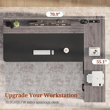 UPOSOJA 71" Executive Desk, Large Office Desk with Drawers & Storage Shelves, Modern L Shaped Computer Desk Corner Desk with Power Outlets, File Cabinet, Business Furniture Desk Workstation (Grey)