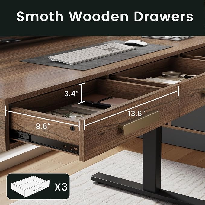 ModernMate Electric Standing Desk with 3 Drawers & Monitor Shelf, 48" Height Adjustable Sit Stand Desk with Storage, Home Office Computer Workstations for Small Space, Black Walnut
