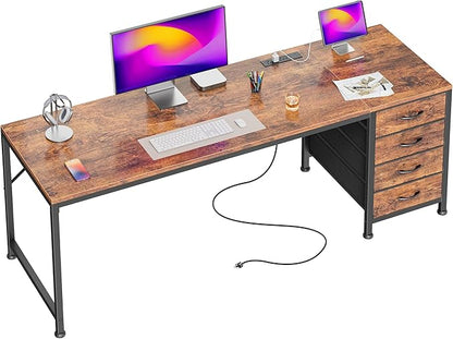 PRAISUN 63 Inch Computer Office Desk with Power Outelts and USB-C Port, Reversible Gaming Desk with 4 Fabric Drawers, Work Study Desk Work from Home, Rustic Brown