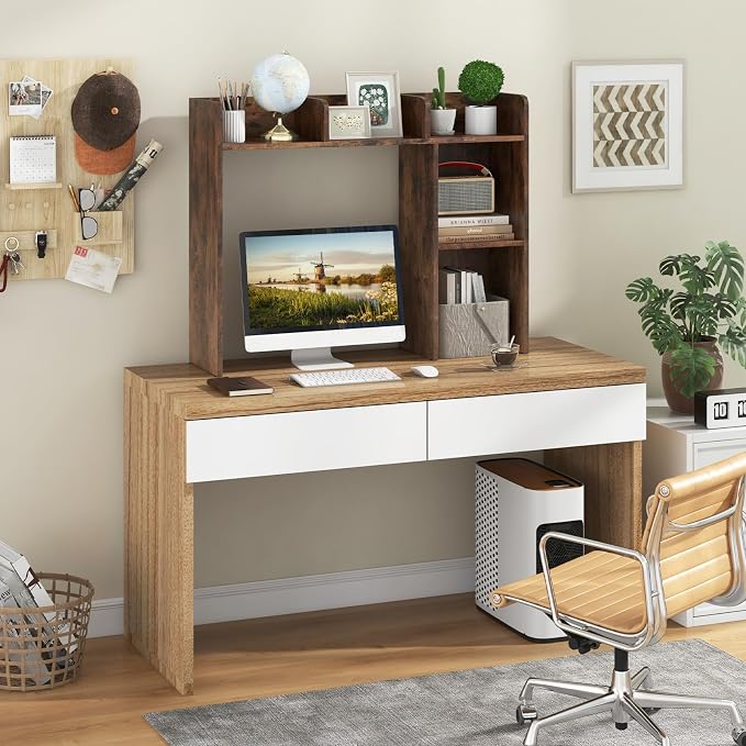 LDAILY Desktop Shelf, Multipurpose Wood Desk Hutch for Max 27" Computer Monitor, Countertop Storage Hutch with 5 Shelves, 3 Tier Desktop Display Rack for Dorm Office Home (Rustic Brown)