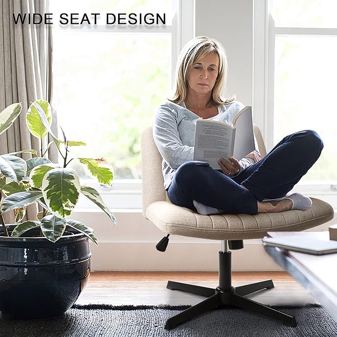 LEMBERI Fabric Padded Desk Chair No Wheels, Armless Wide Swivel,120° Rocking Mid Back Ergonomic Computer Task Vanity Chairs for Office, Home, Make Up,Small Space, Bed Room,Beige
