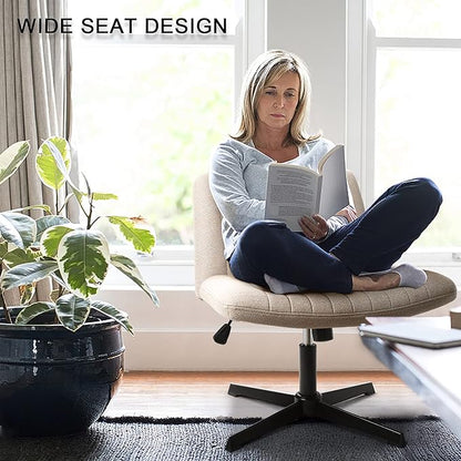 LEMBERI Fabric Padded Desk Chair No Wheels, Armless Wide Swivel,120° Rocking Mid Back Ergonomic Computer Task Vanity Chairs for Office, Home, Make Up,Small Space, Bed Room,Beige