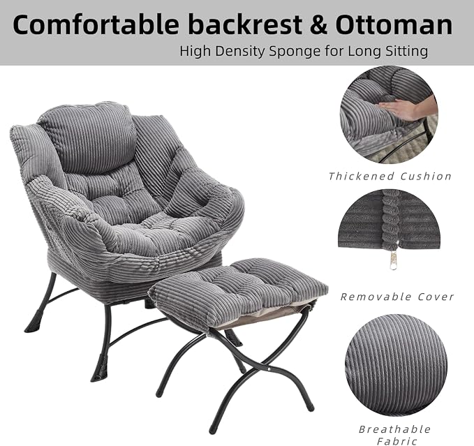 Modern Lazy Chair with Ergonomic Ottoman, Comfortable Lounge Chair with Footrest for Space Saving, Comfy Reading Armchair for Living Room, Bedroom, Office, Grey