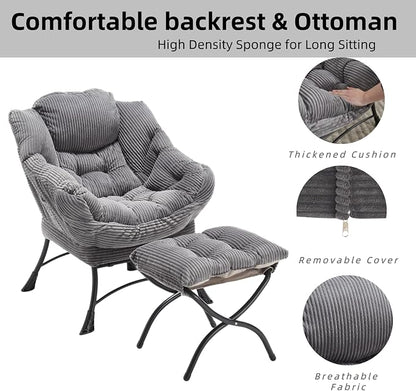 Modern Lazy Chair with Ergonomic Ottoman, Comfortable Lounge Chair with Footrest for Space Saving, Comfy Reading Armchair for Living Room, Bedroom, Office, Grey