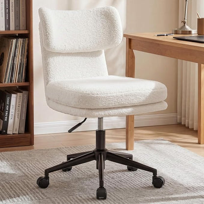 COMHOMA Vanity Chair with Ergonomic Curved Backrest, Home Office Desk Chair with Silent Wheel, Wide Seating Computer Chair for Girls Women Bedroom, Soft Teddy Fabric, White