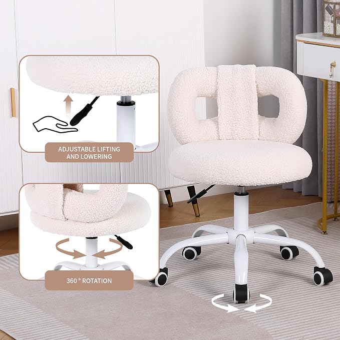Modern Faux Cashmere Home Office Chair, Height Adjustable Desk Chair with Back and Wheels for Living Room, Swivel Make-up Vanity Armless Chairs for Girls and Women (1, Cream)