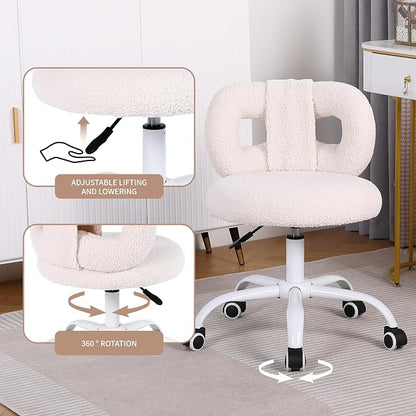 Modern Faux Cashmere Home Office Chair, Height Adjustable Desk Chair with Back and Wheels for Living Room, Swivel Make-up Vanity Armless Chairs for Girls and Women (1, Cream)