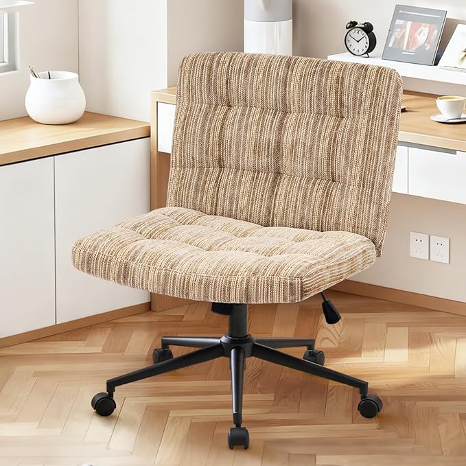 Furnimart 360° Swivel Criss Cross Desk Chair Extra-Thick Cushion, Premium Chenille Cross Legged Chair with Wide Seat & Wheels, Comfy Armless Home Office Chair for Bedroom, Vanity, Sturdy (Light Brown)