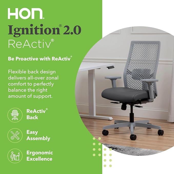 HON Ignition 2.0 ReActiv Ergonomic Office Chair, Mesh Desk Chair with Lumbar Support, Synchro‑Tilt Recline, Height and Width Adjustable Arms, Swivel Wheels, Titanium Frame, Graphite