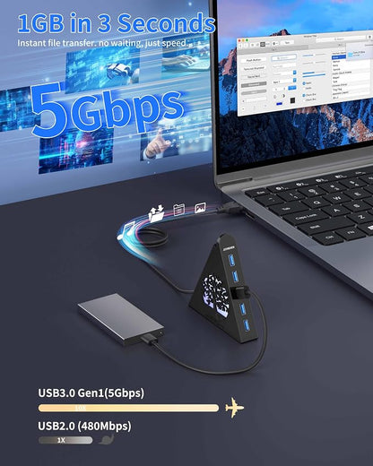 7-Port USB 3.0 Hub, Vertical USB Hub Splitter with RGB Lighting, 5Gbps High-Speed Data Transfer and 2FT Extension Cable, Compatible with Laptop, PC, Desktop, MacBook, PS5, Xbox, Flash Drive