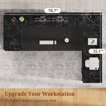 UPOSOJA 78.7" Executive Desk, Large Office Desk with Drawers & Storage Shelves, Modern L Shaped Computer Desk Corner Desk with Power Outlets, File Cabinet, Business Furniture Desk Workstation (Black)